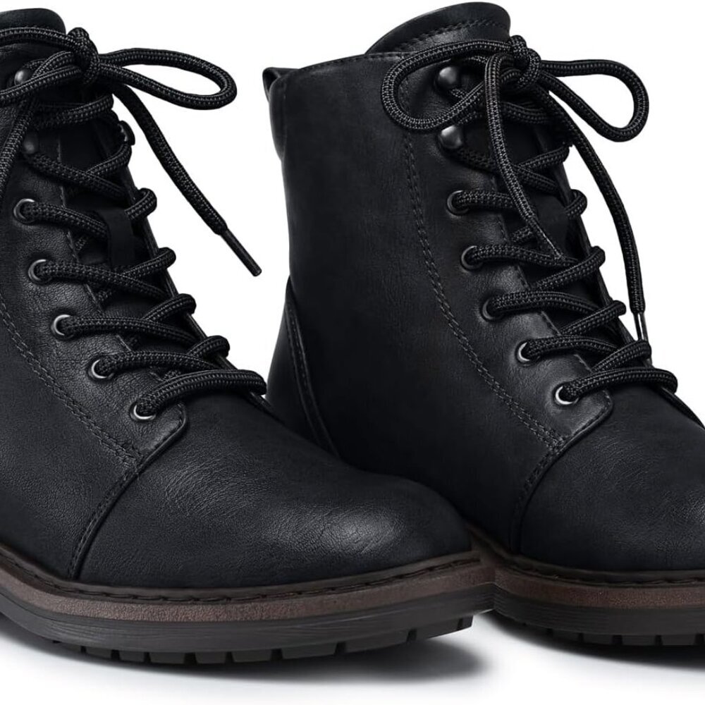 Women Combat Ankle Boots Faux Leather Lace-Up Fall Flat Zipper Lug Sole